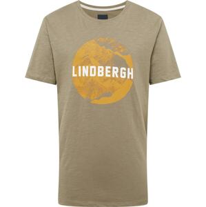 Lindbergh Tričko 'Brand' šafrán / khaki / bílá